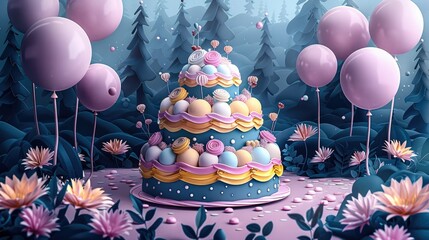 Poster - Vector illustration of A big multitiered cake with navy and yellow icing, decorated with flowers in a forest surrounded by pink balloons. Generative AI.