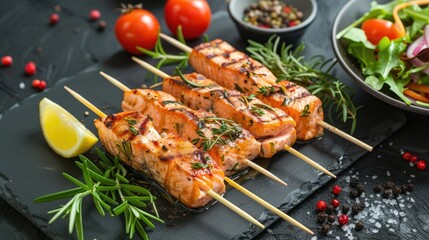 Poster - Skewered salmon with rosemary salad pepper and seasoning