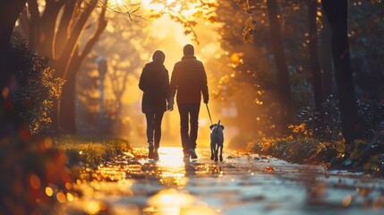 Sticker - A couple walking their dog in the morning sunlight, enjoying the fresh air and exercise together as part of their daily routine.