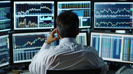 Aufkleber - A focused financial analyst reviewing intricate stock market graphs and data on multiple computer monitors.