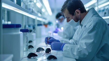 Poster - A laboratory experimenters operating a few black and white experimental rats, long rang view, clean background. Generative AI.