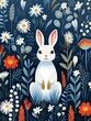 Rabbit and blooms, endless pattern, flat illustration, simple lines, solid color ,  repeating pattern