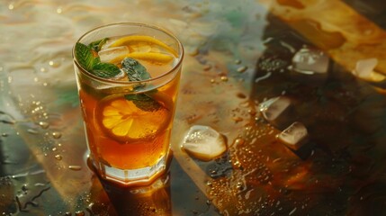 Poster - A glass of iced tea with lemon slices and mint leaves, floating refreshingly in a pool of condensation.