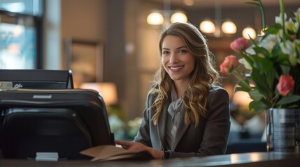 Wall Mural - A female receptionist at a boutique hotel reception desk, smiling as she assists guests with their luggage and provides local area information.