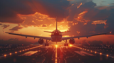 Poster - An airplane lands at sunset, with the afterglow of the sun shining on its wings. Generative AI.