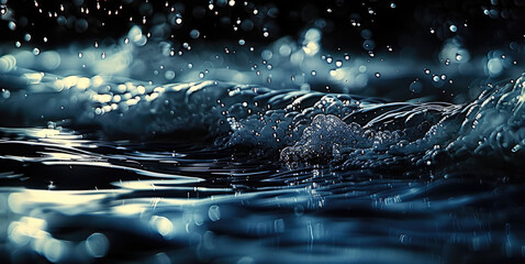 Aufkleber - A dynamic underwater visual, dark waters, diffused lights above, water texture, froth, bubbles, hints of dark blue and dark purple. Generative AI.