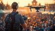Using a drone, a security agent sees the large crowd in the background. Generative AI.