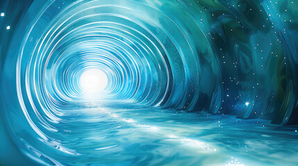 Poster - A blue background, glowing with light. a spinning spiraat, The overall style is futuristic and technological, an abstract white background and curved lines. blue gradient background. Generative AI.