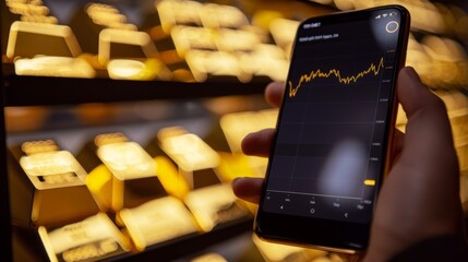 Fototapete - A hand holding a smartphone with a gold market app open, displaying real-time gold price fluctuations and trends.