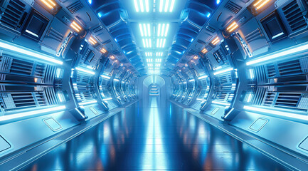 Poster - Corridor tunnel of space station ship, glowing futuristic panels of blue color, metal walls reflection of light. Podium stage long way. Generative AI.