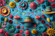 © alenagurenchuk - A variety of colorful objects and decorations on a vibrant blue background festa junina