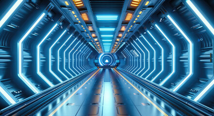 Poster - Corridor tunnel of space station ship, glowing futuristic panels of blue color, metal walls reflection of light. Podium stage long way. Generative AI.
