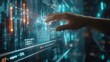 © Plaifah - A hand reaching out to touch a holographic projection of financial graphs, representing futuristic banking technology.