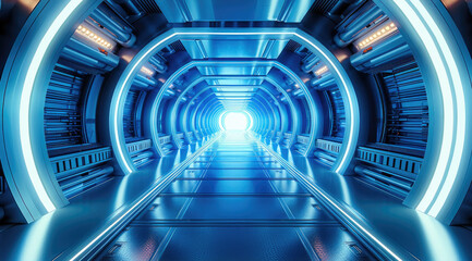 Poster - Corridor tunnel of space station ship, glowing futuristic panels of blue color, metal walls reflection of light. Podium stage long way. Generative AI.