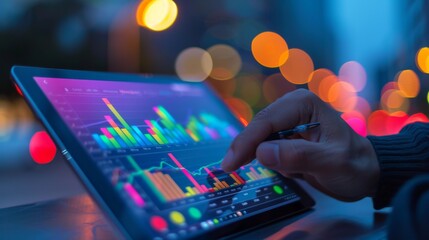 Poster - A person checking their investment portfolio on a tablet, with colorful financial graphs displayed.