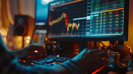 Poster - A person checking their stock portfolio on a computer screen, with financial charts and graphs reflecting investment performance.