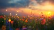 As the sun rises over the horizon, its golden rays flood a picturesque meadow, setting the wildflowers ablaze in a riot of color.
