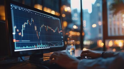 Poster - A person checking their stock portfolio on a computer screen, with financial charts and graphs reflecting investment performance.