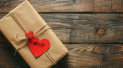 Canvas Print - A Valentine s Day gift wrapped in charming kraft paper accompanied by a vibrant red card and a heart motif rests gracefully on a rustic wooden table