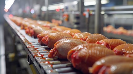 Wall Mural - A production line at a poultry factory where chickens are being processed into various frozen products, demonstrating the mechanized and automated nature of modern food production.