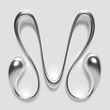 Chrome liquid metal letter M in 3D with glossy reflective finish, abstract blob shape for modern Y2K design, silver typography font alphabet