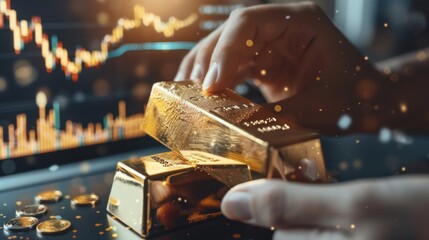 Poster - A person polishing a gold bar with a gold price chart in the background, representing care and attention to precious metal investments.