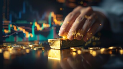 Poster - A person polishing a gold bar with a gold price chart in the background, representing care and attention to precious metal investments.