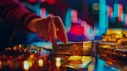 Poster - A person polishing a gold bar with a gold price chart in the background, representing care and attention to precious metal investments.