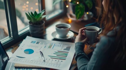 Poster - A person reviewing financial statements and graphs while sipping coffee in a cozy workspace, showcasing efficient financial management.