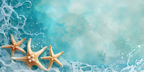 Starfish and a wave with foam on a blue background. The concept of summer holidays. Top view and a place for the text.