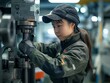 A woman is working on a machine in a factory. She is wearing a green jacket and a black hat