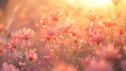 Wall Mural - Delicate flowers in a dreamy field, petals glistening with dew and bathed in the ethereal light of a setting sun.