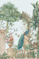  Classical Roman ruins with garden, peacock, flower vase, column illustration for wallpaper