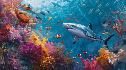 Aufkleber - A school of colorful fish darting away as a reef shark gracefully glides through the coral reef.