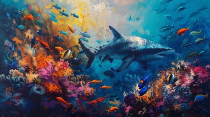 Wall Mural - A school of colorful fish darting away as a reef shark gracefully glides through the coral reef.