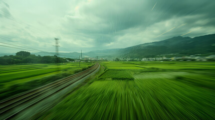 The vivid greens of nature race by as a train speeds through, contrasting technology with nature in a captivating manner