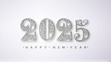 Wall Mural - Happy New Year 2025 Greeting Card with Silver Numbers. Merry Christmas Flyer or Poster Design.