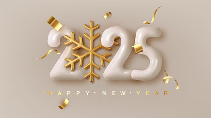 Wall Mural - Happy New Year 2025 glossy 3d number. Happy New Year and Merry Christmas 2025 greeting card template
