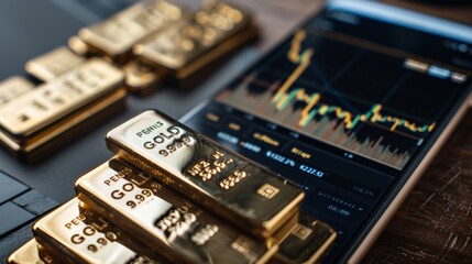 Aufkleber - A smartphone displaying a gold trading app with live gold price updates and charts, emphasizing technology in gold investment.