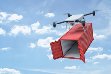 Poster - 3d rendering of camera quadcopter carrying small open empty red cargo container in blue sky.