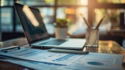Aufkleber - A stack of financial documents and reports next to a laptop displaying a bar graph, symbolizing financial analysis and reporting.