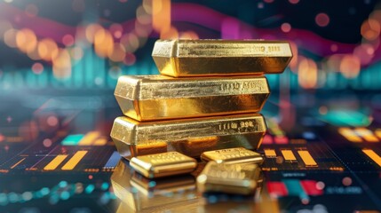 Poster - A stack of gold bars against a backdrop of historical gold price graphs, symbolizing wealth and investment.