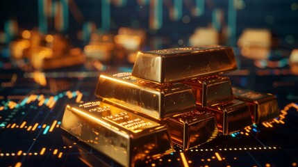 Poster - A stack of gold bars against a backdrop of historical gold price graphs, symbolizing wealth and investment.