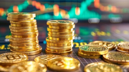 Poster - A stack of gold coins and bullions arranged neatly on a desk with price trend graphs in the background.