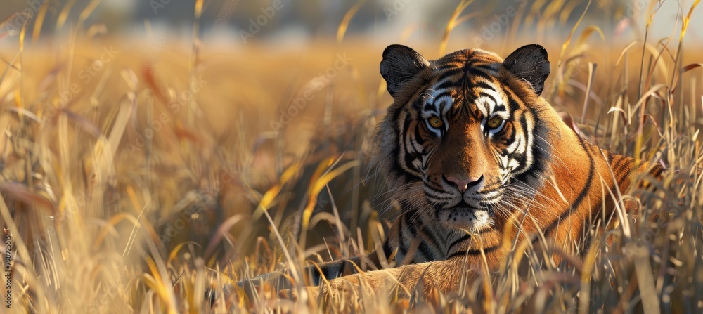A majestic tiger laying in the tall grass, looking directly at the ...