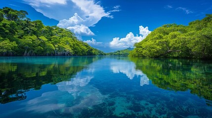 Aufkleber - A tranquil lagoon fringed by mangrove forests, with clear blue waters reflecting the lush greenery and blue skies above.