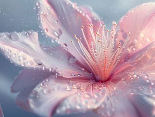 A closeup of a blooming flower rendered in soft watercolors, with dewdrops glistening like tiny crystals 