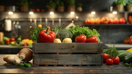 Wall Mural - Fresh vegetables in a rustic crate under bright kitchen lights on a wooden countertop with dark background