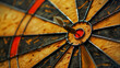 A dart hits the bullseye on a target board with precision, signifying the successful attainment of a goal or objective with focused effort and determination