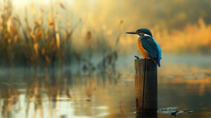 kingfisher bird perched on a wooden post against a vibrant sunset sky, creating a picturesque and serene natural scene.